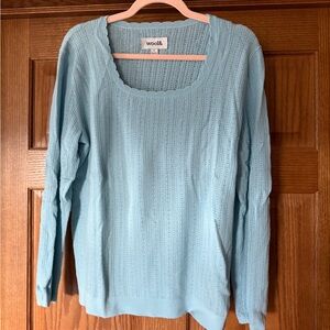 Wool& Daisy Pointelle Light Blue Scoop Neck Knit Sweater - large
